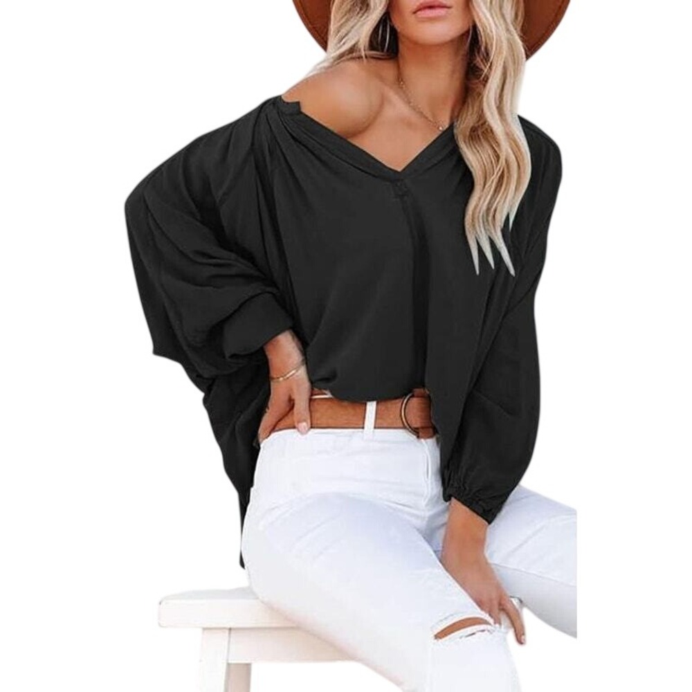 Bigeoosh Women Loose Lantern LongSleeve V-Neck Plain TShirt Dolman Blouse Size M